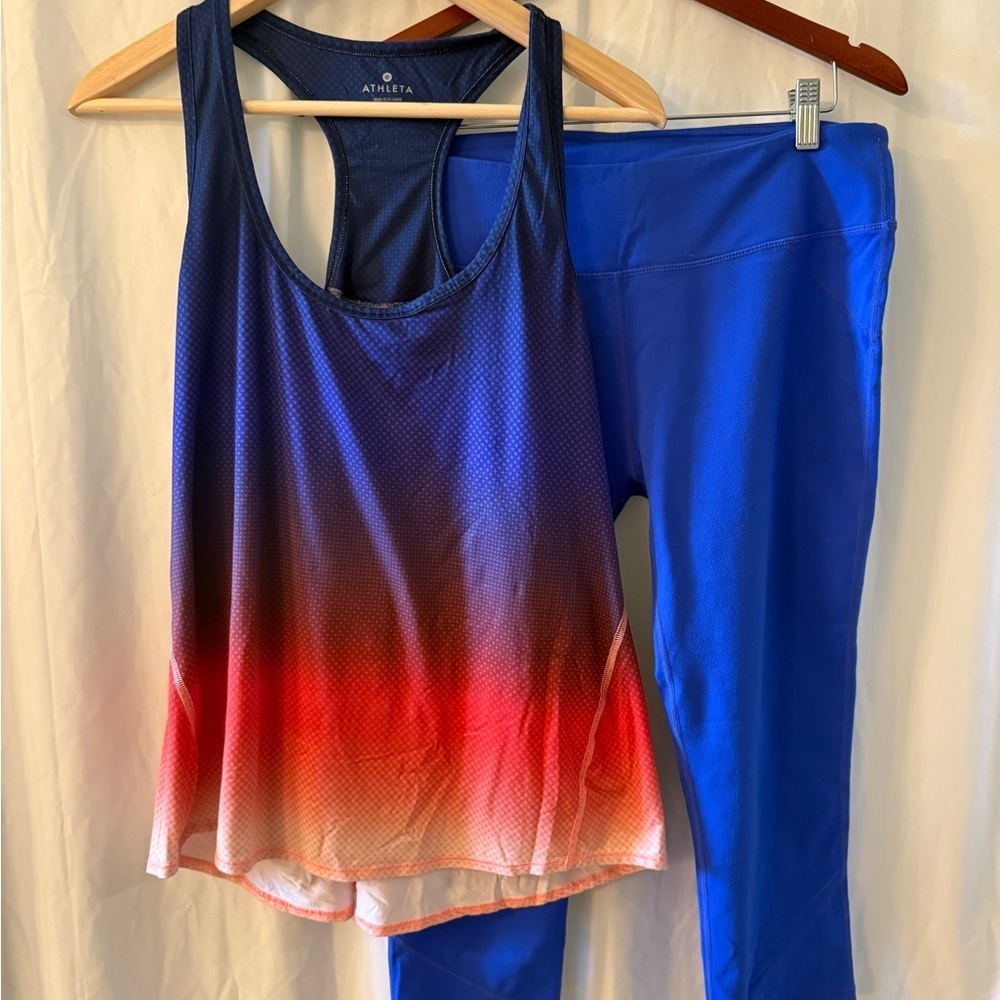 Athleta and Fabletics Blue ombré Activewear Top and leggings set